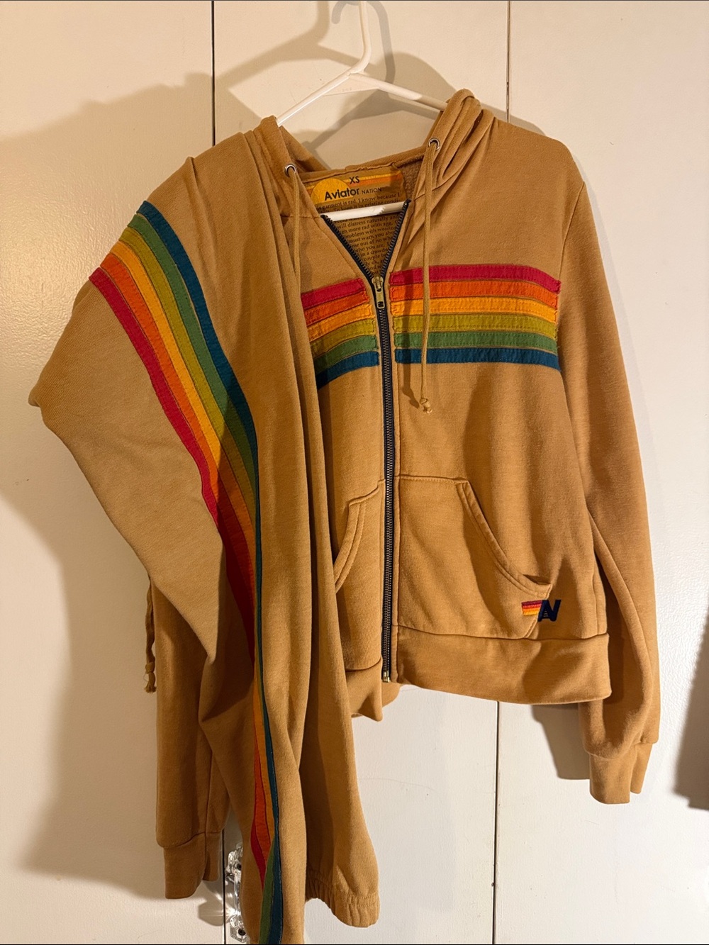 Aviator Nation SET!!! Tan Hoodie with Rainbow Stripe Accents and matching pants!